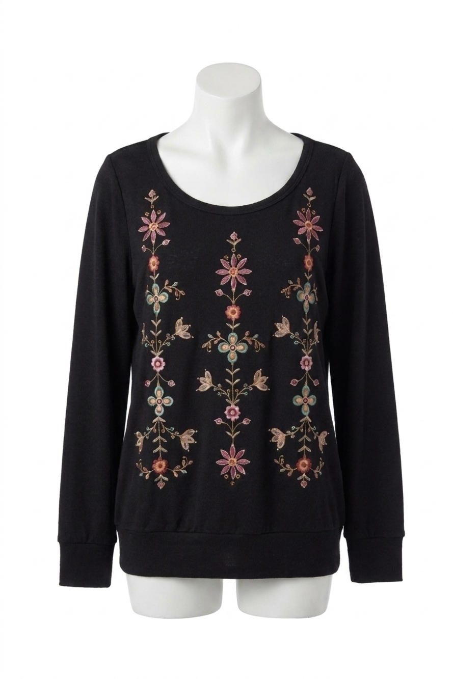 NEW ANDREE BY UNIT floral embroidered pullover top in black